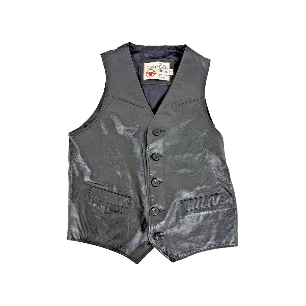 Vintage The Leather Shop Vest Mens 38 Black Leather Motorcycle Biker Western